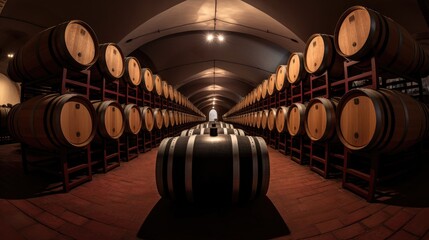 Large wine cellar with long rows of wooden barrels for storing wine, whiskey, beer. An ancient warehouse under castle.