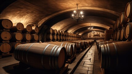 Large wine cellar with long rows of wooden barrels for storing wine, whiskey, beer. An ancient warehouse under castle. - obrazy, fototapety, plakaty