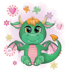 Cute cartoon green baby dragon with horns and wings. Symbol of 2024 according to the Chinese calendar. Funny mythical monster reptile