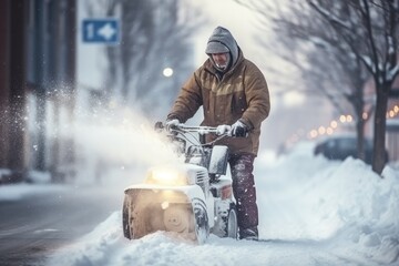 A man clears snowdrifts with a snow blower on a city street on a winter day.