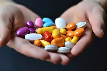 Multi-colored tablets, pills and capsules in the hands.