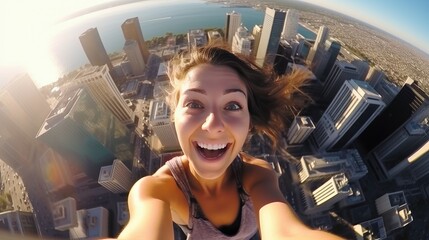 A young woman, a girl takes a photo of a selfie on the roof of a skyscraper against the backdrop of a big city on a summer day. Extreme risky photography.