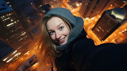 A young woman, a girl takes a photo of a selfie on the roof of a skyscraper against the backdrop of a snow big city on a winter night. Extreme risky photography.