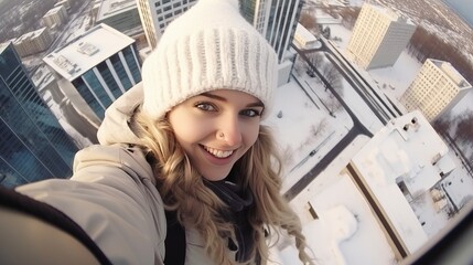 Obraz na płótnie Canvas A young woman, a girl takes a photo of a selfie on the roof of a skyscraper against the backdrop of a snow big city on a winter day. Extreme risky photography.
