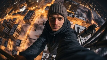 A young guy, a man, takes a photo of a selfie on the roof of a skyscraper against the backdrop of a snow big city on a winter night. Extreme risky photography.