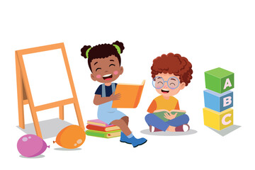 cute little boy reading a book