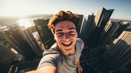 A young guy, a man, takes a photo of a selfie on the roof of a skyscraper against the backdrop of a big city on a summer day. Extreme risky photography.