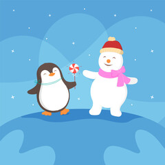 Cute penguin and snowman playing in winter, Merry Christmas and New Year