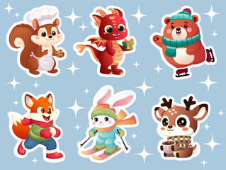 set of cute animal characters for New Year's adventures. stickers in cartoon style, lifestyle, winter fun, sports. Fox, Squirrel, Dragon, Hare, deer, bear. Skiing, ice skating, snowballs, cocoa, gift