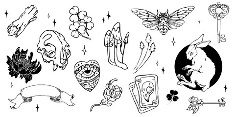 Set of aesthetic mystical elements. Witchcraft elements in doodle style. Isolated esoteric illustrations.