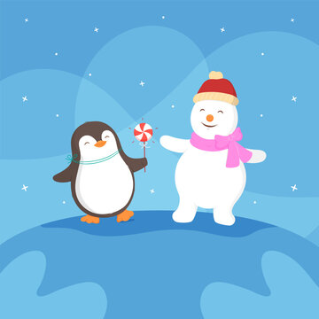 Cute penguin and snowman playing in winter, Merry Christmas and New Year