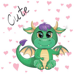 Cute cartoon green baby dragon with horns and wings. Symbol of 2024 according to the Chinese calendar. Funny mythical monster reptile