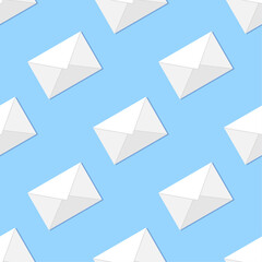 Envelopes seamless pattern. White flat icons on blue background. Best for textile, decoration, wallpapers, wrapping paper, package and web design.
