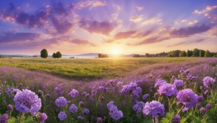 Vibrant sunset over a purple flowers field with a panoramic view
