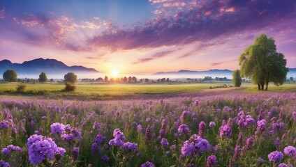 Fototapeta premium Vibrant sunset over a purple flowers field with a panoramic view 