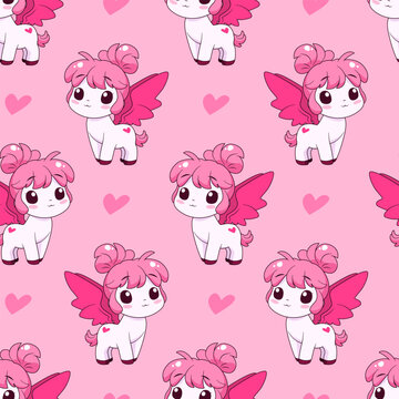 Seamless pattern with cute magic pony and hearts. Repeated tile with cartoon characters on pink backdrop. Childish vector design for fabric, print, wrapper, textile, print for kids.