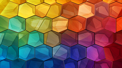 Colorful and beautiful shapes of rainbow-colored hexagonal shapes made of stained glass