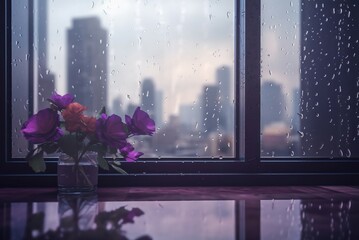 Rainy day modern city. Lonely purple flowers vase window bad weather outside. Generate AI