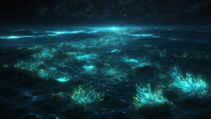 Fototapeta na wymiar nighttime magic: a glowing blue sea 