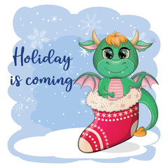 Cute cartoon green dragon in santa hat. 2024 new year, chinese calendar