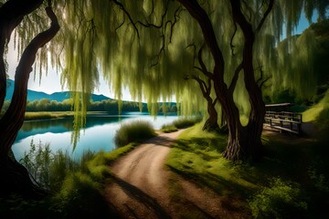A winding trail along the edge of a calm lake, with overhanging willow branches creating a natural archway that frames the picturesque water view.