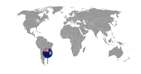 Fototapeta na wymiar Pin map with Falkland Islands flag on world map. Vector illustration.