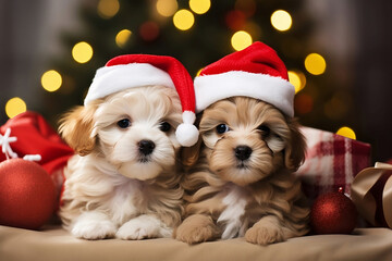 Two Cute Puppies in Santa Hats