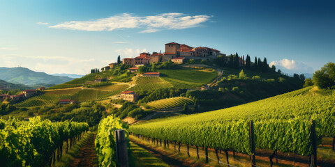 Naklejka premium Vineyard landscape with an old winery building on a hill on a sunny day. Rows of grapes. Generative AI