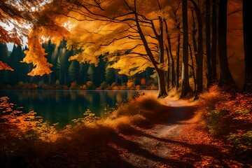 A panoramic view of a lake surrounded by trees in their autumn colors, the forest path guiding you to the water's edge for a serene moment of contemplation.