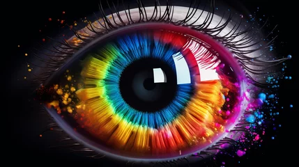 Schilderijen op glas vibrant multicolored iris animation with rainbow lines – eye concept in 4k 3d rendering © touseef