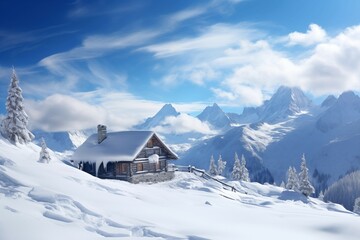 Lonely cabin in a snow-covered mountainous terrain