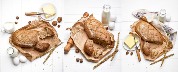 Collage mix set of Fresh bread with crispy crust butter and milk at white wooden board in rustic...