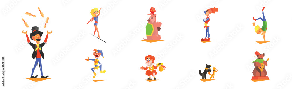 Sticker Circus Character and Tamed Animal on Show or Performance Vector Set