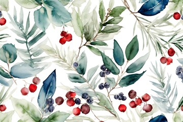 Watercolor winter decoration features a unique combination of magnolia leaves, rosemary branches, and spruce trees. - obrazy, fototapety, plakaty