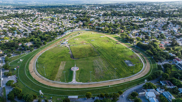 aerial landscape view of area around Garrison Savannah Racetrack, a horse racing venue located within the Garrison Historic Area in Bridgetown, Barbados