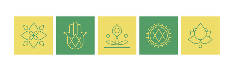 Line Yoga and Meditation Spiritual Sign on Green Square Vector Set
