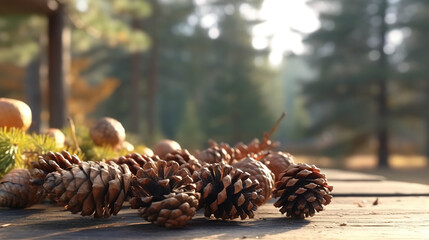 Pine Cones and Needles on a Wooden Surface in a Forest Setting