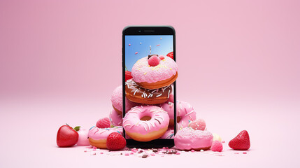 donuts with mobile phone  - obrazy, fototapety, plakaty