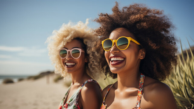 Two Afro American best female friends sitting together on beach smiling in the summer. Ethnic diverse friends hugging laughing and having fun