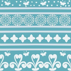 Seamless watercolor ethnic fabric pattern, beautiful colors, hand designed. Designed with craftsmanship Decorated with white flowers and butterflies in straight lines.