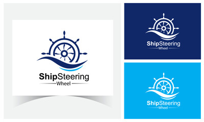 Ship Steering Wheel Logo Design Template With Water. - obrazy, fototapety, plakaty