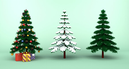 3d illustration of Christmas trees. Christmas tree with snow and decorated Christmas tree 3D render