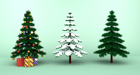 3d illustration of Christmas trees. Christmas tree with snow and decorated Christmas tree 3D render