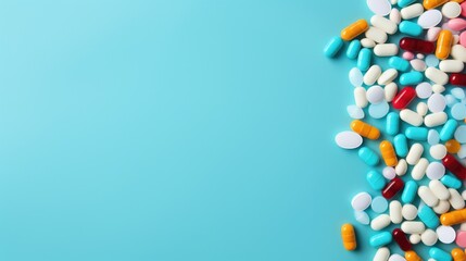 Pharmaceutical symmetry: A plethora of pills arranged neatly on a light blue surface, leaving room for text.