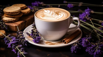 Lavender latte coffee with almond milk in a white cup, surrounded by fresh lavender herb flowers - obrazy, fototapety, plakaty