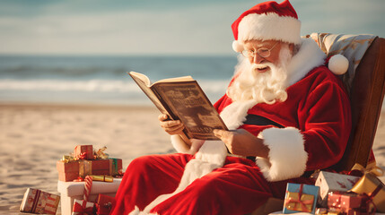 Santa Clause sitting on beach with gist boxes around reading wishlist of kids for gift, happy Santa clause