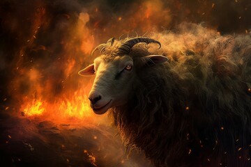 Nightmare sheep with orange fire flames. Terrified demonic creature with horn surrounded with fiery flames. Generate ai - obrazy, fototapety, plakaty