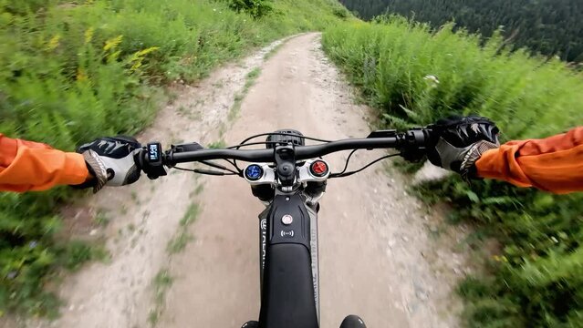 Mountain biker POV riding on trail in green forest
