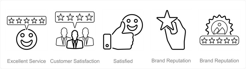 A set of 5 customer service icons as excellent service, customer satisfaction, satisfied - obrazy, fototapety, plakaty