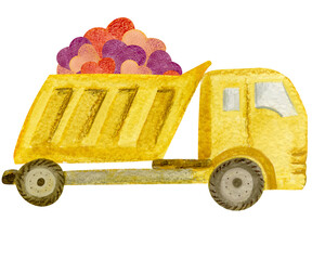 Valentines Construction Machine. St. Valentine's Truck Gnome. Full of Love. Watercolor Truck